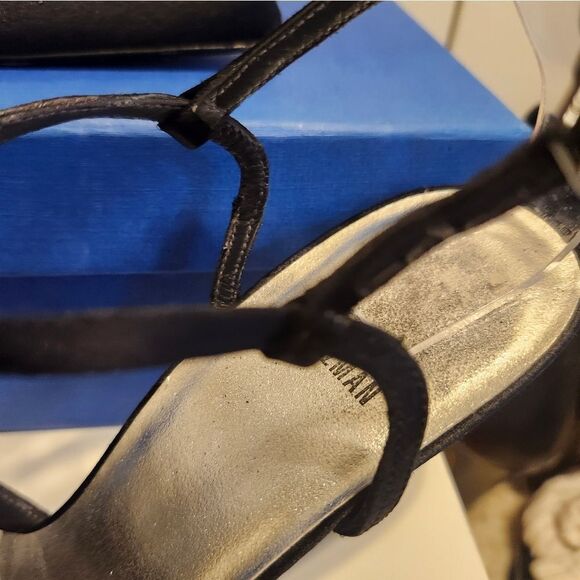 (image for) Stuart Weitzman Black Satin Crystal Rhinestone Jeweled T-strap Pumps Sz.8 $425
